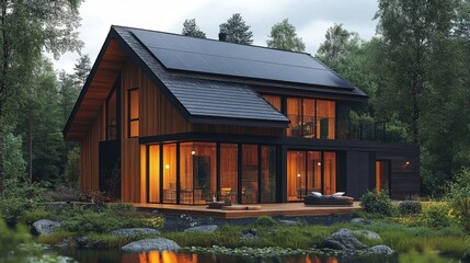Modern wooden house with large windows in a forest setting, illuminated at dusk, reflecting tranquility and contemporary architecture.