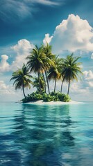 Obraz premium A tropical island with palm trees, coconut shells, and ocean views.