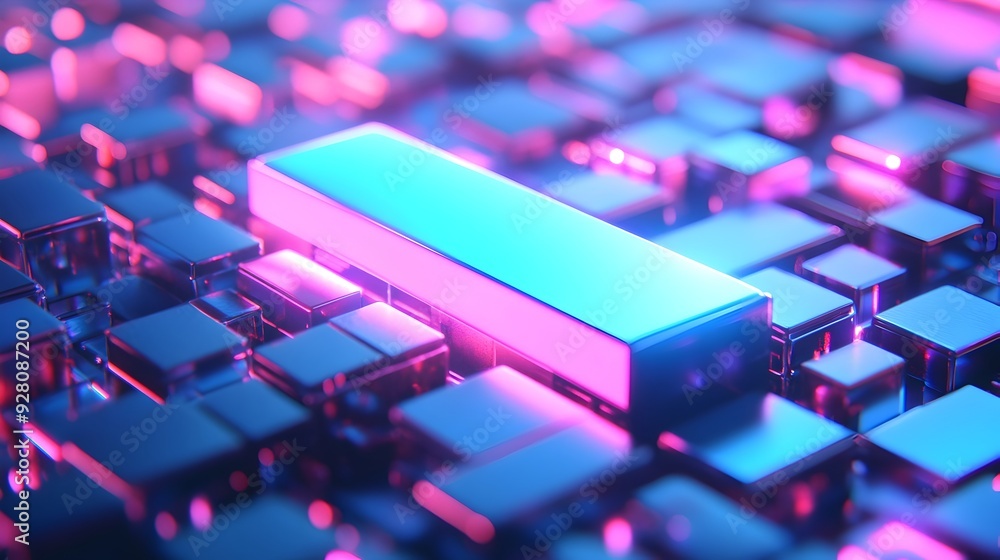 Poster neon geometric abstract digital 3d composition with vibrant colorful shapes and patterns