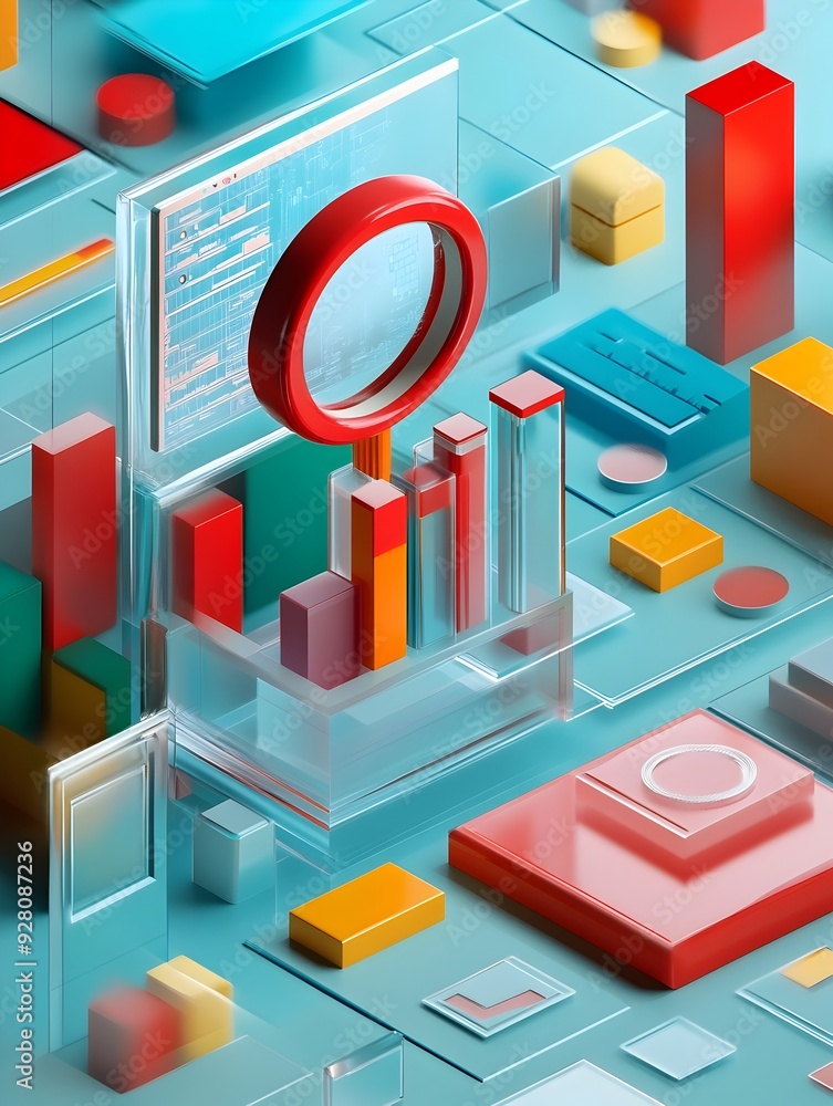 Poster colorful 3d geometric shapes and patterns in abstract architectural design composition
