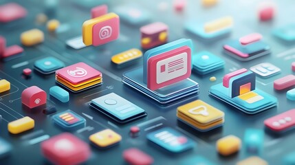 Colorful Geometric Cubes and Shapes in Minimalist Digital Interface Layout