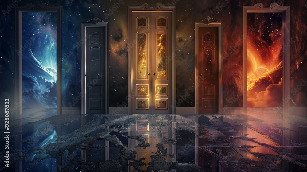 Poster A surreal scene featuring multiple doors representing different realms of imagination and emotion, reflecting vibrant colors and textures.