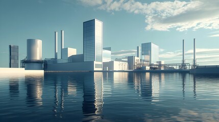 Sleek and Soaring Hydropower Plant Cityscape with Shimmering Reflections