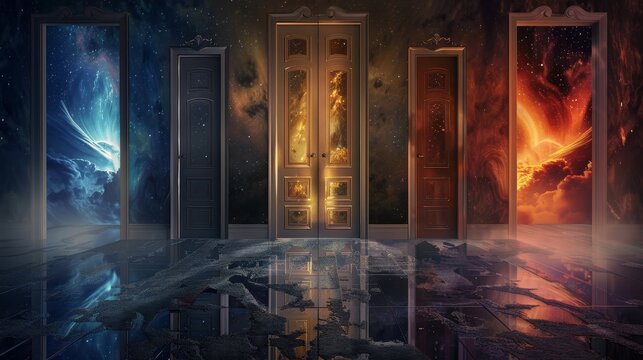 A surreal scene featuring multiple doors representing different realms of imagination and emotion, reflecting vibrant colors and textures.