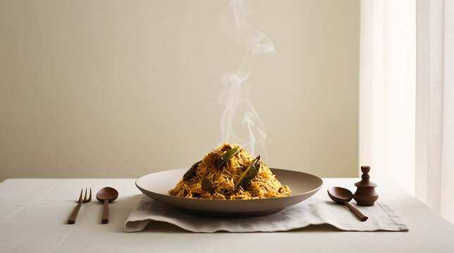 Rice biryani on a white plate with hot steam.