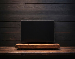 Black Board on a Stand with Space for Text Against a Dark Wooden Wall