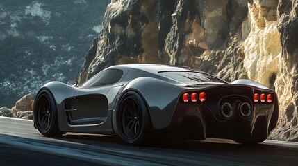 sportscar Driving on Road with Cliff Wall Behind