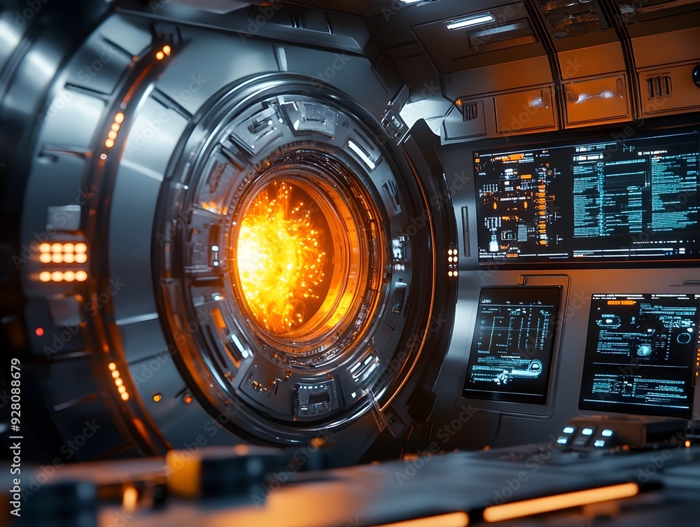 Poster compact modular nuclear fusion reactor with glowing plasma core and advanced cooling systems