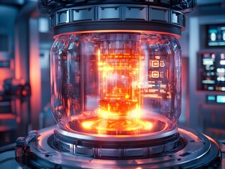 Compact Modular Nuclear Fusion Reactor with Glowing Plasma Core and Sleek Metallic Exterior