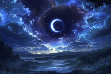 Enchanting Anime-Style Lunar Lullaby: A Dreamy Night of the Lunar Eclipse, Magical Sky Gathering for Astronomical Parties and Stargazing Events ,a Cozy Abstract Perfect for Gaming Art and Storybook Il