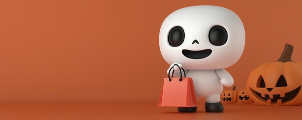 Fototapeta premium A playful skeleton character holds a shopping bag amidst Halloween pumpkins, perfect for festive themes and marketing.