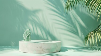 Obraz premium Green Minimalist Product Display with Palm Leaf Shadows