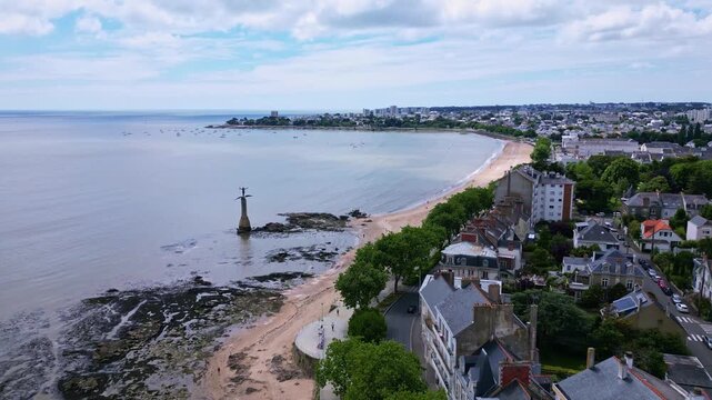 The American monument alias Le Sammy on the beach, Saint-Nazaire, France. Aerial drone forward
