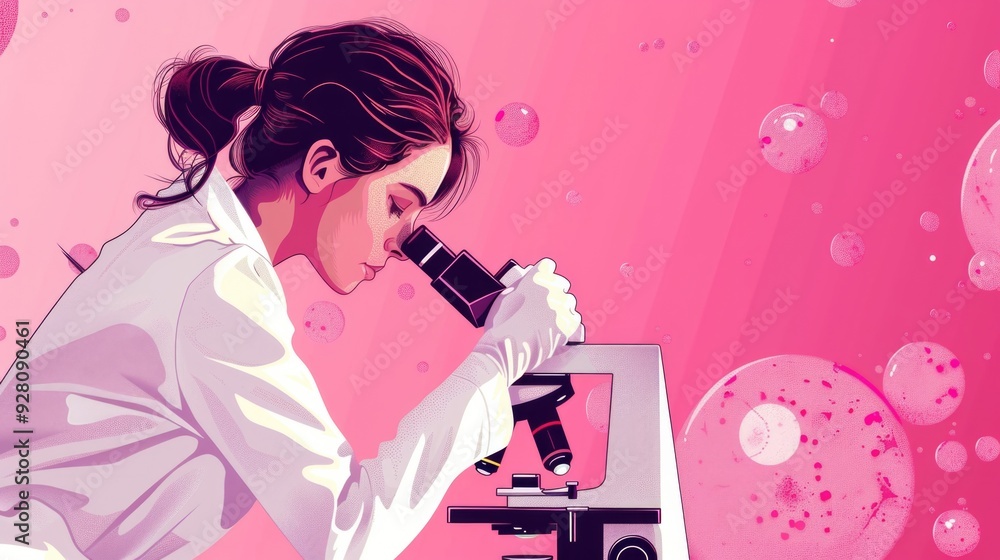 Aufkleber female scientist using a microscope in a lab setting on a pink background, representing medical rese