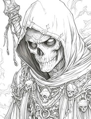 Cool Necromancer Coloring Page in Light Grayscale for Kids