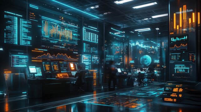 Futuristic Cyber Security Command Center Interior with Monitors and Data Display.