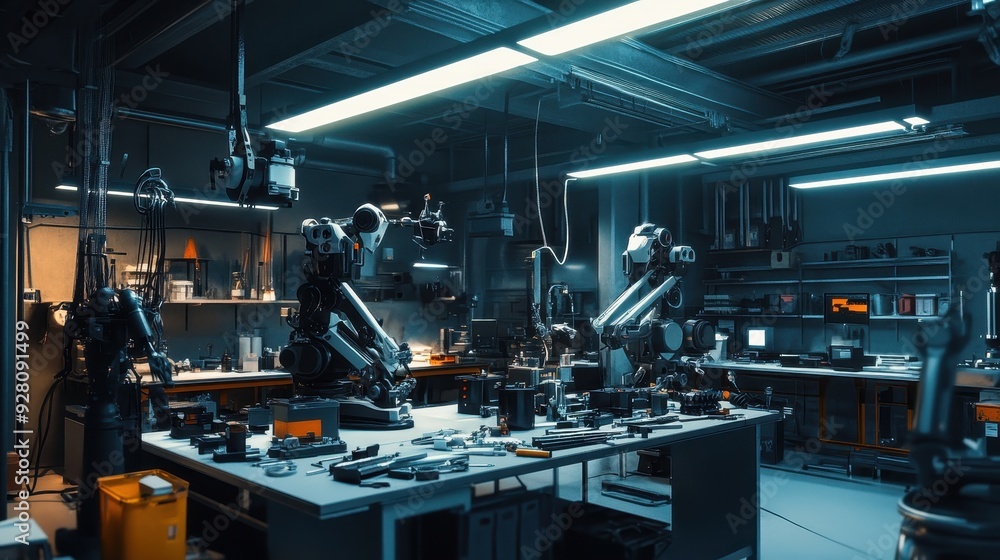 Aufkleber futuristic robotic workshop with advanced machinery and tools.