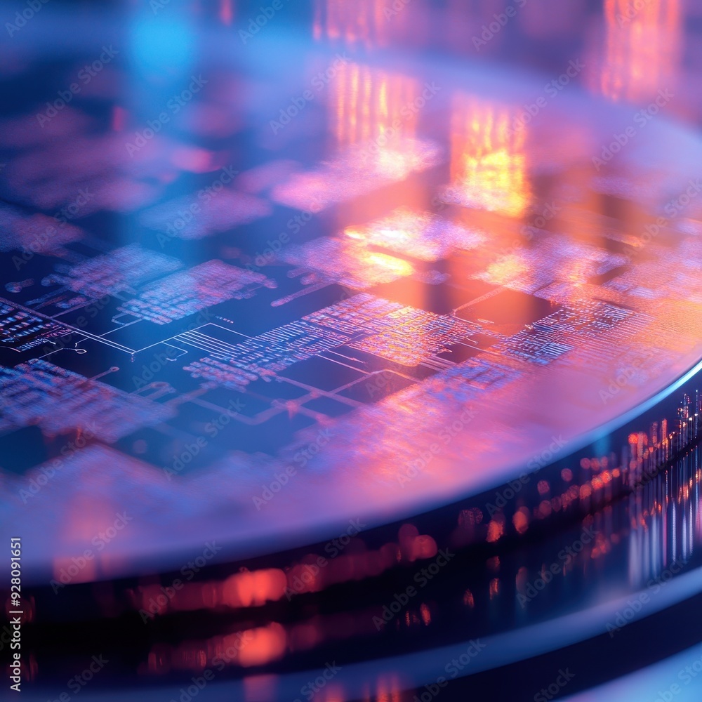 Poster abstract technology background with blurred city lights reflection on a circuit board.