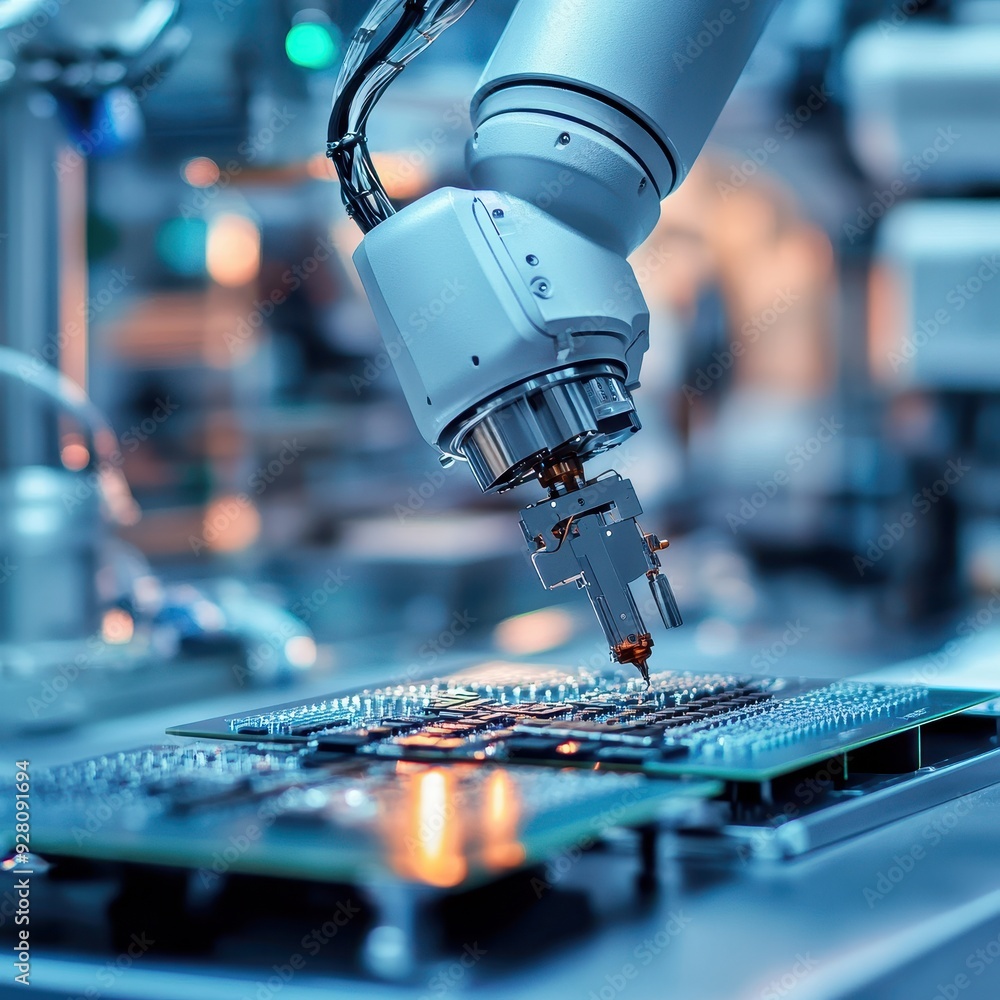 Aufkleber robotic arm assembling circuit board in modern factory.