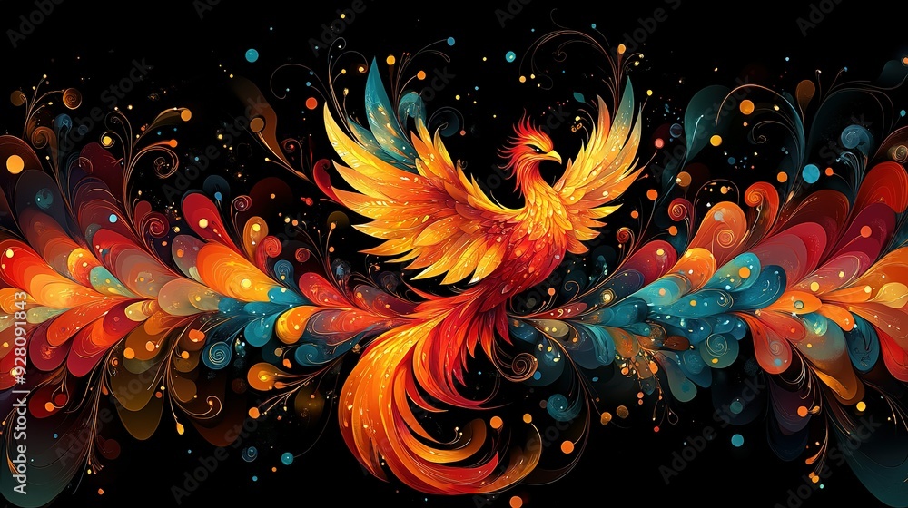 Poster phoenix with colorful feathers and swirling patterns on a black background