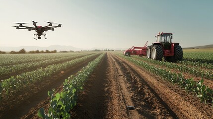 Drone Flying Over Tractor in Field of Crops, Agriculture Technology