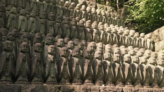 One of the key spots in Kamakura. Front on view of the statue. Panning left on the smaller section of the temple with hundreds of smaller statues