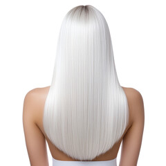 Obraz premium Woman with long, straight, platinum blonde hair viewed from the back, showcasing smooth hair texture and style