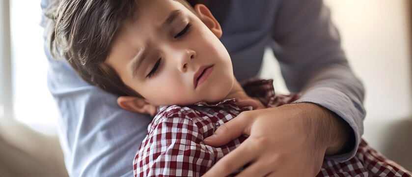 A worried parent performing the Heimlich maneuver on a young child emphasizing the importance of child safety emergency preparedness and quick lifesaving interventions in a crisis situation
