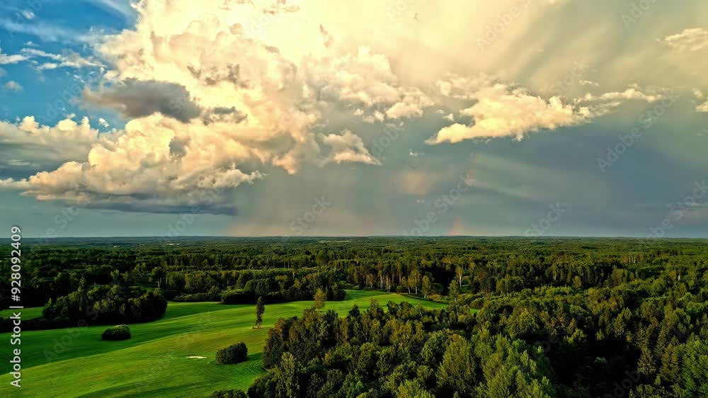 Aufkleber aerial timelapse of cloud formation with storm on the background with trees and green fields