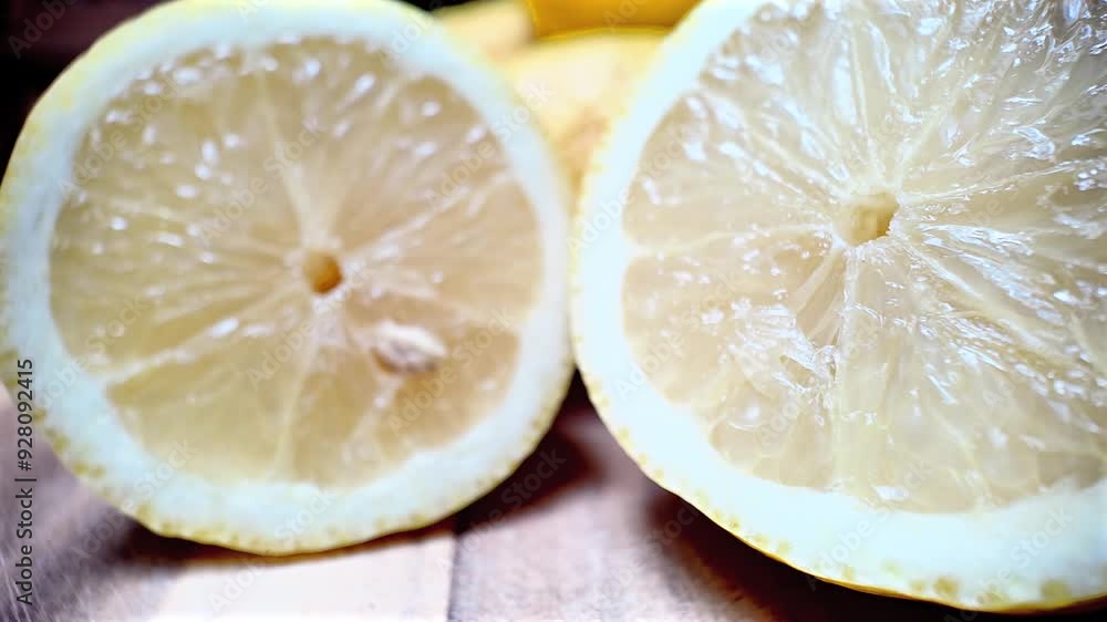 Poster ripe lemon fruits with slices slowly move in the frame. fruit background. macro view.
