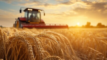 Fototapeta premium Wheat field harvesting at sunset with a tractor in the background.