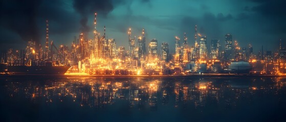 Majestic and Glowing Cityscape of a Bustling Metropolis at Night with Skyscrapers Reflected in the Water Below