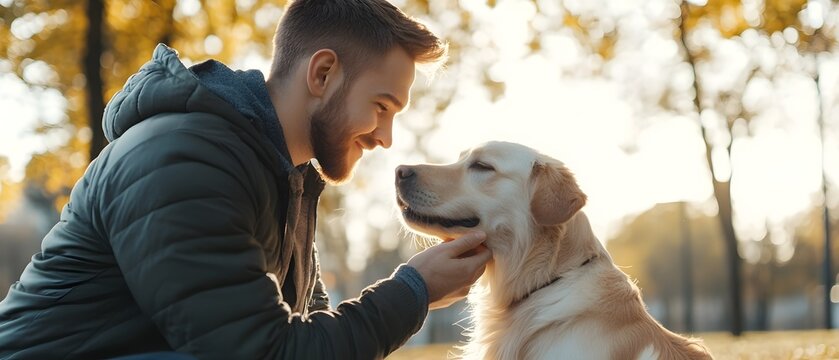 Caring man interacting with his loyal dog in an autumnal forest setting highlighting the importance of comprehensive pet safety awareness and training