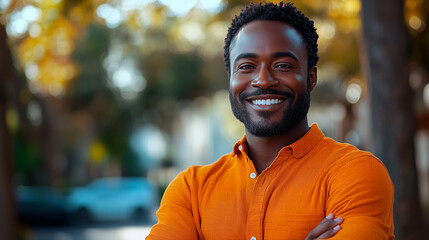 Obraz premium A man with a big smile on his face is wearing an orange shirt