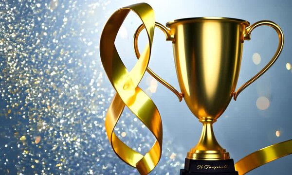 Trophy with ribbons, sparkling background, slow motion, victory moment