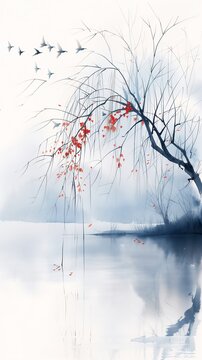 tree red leaves birds flying white fog sorrow deep reflection icy cold pale silent atmosphere color avatar blossoms calm ambient dissolving