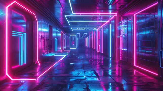 Neon Art of a flashy VR lab where bright lights and colors help visualize crosschain technology, glowing and intense