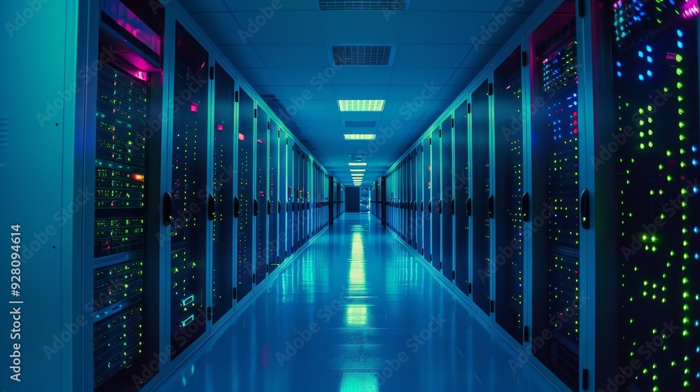 Poster hightech server room with rows of servers and