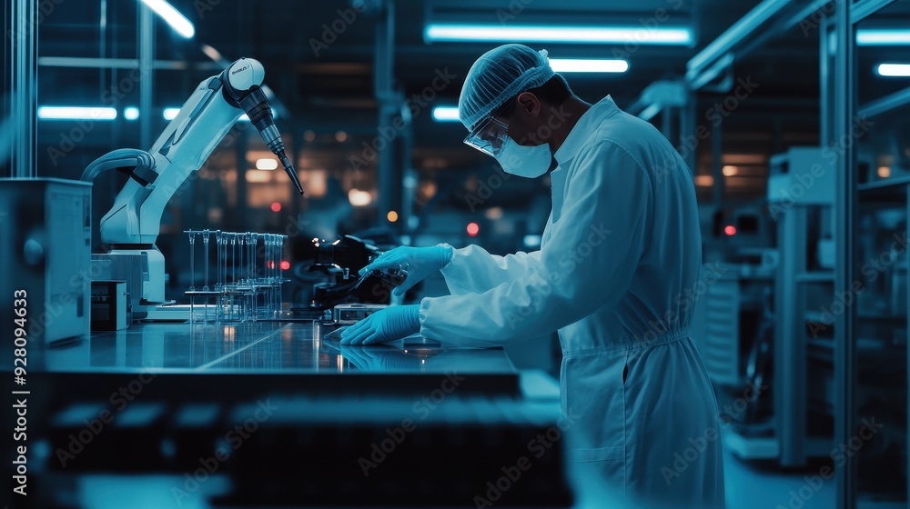 Aufkleber scientist working with robotic arm in high-tech laboratory.