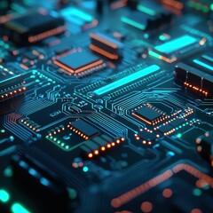 Obraz premium Abstract Circuit Board with Blue and Orange Glowing Lights - Technology Background.