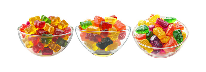 Colorful gummy bears in bowls isolated on transparent background