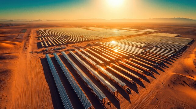 Aerial View of Solar Panels in the Desert at Sunset.