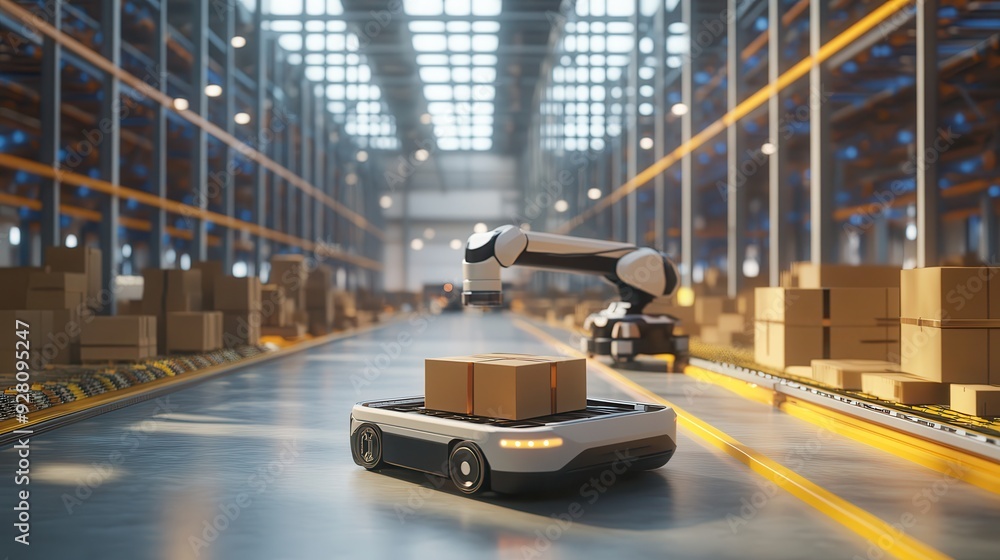 Poster automated warehouse conveyor system with robotic arm loading cardboard boxes.