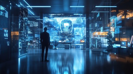 Fototapeta premium Futuristic Office Interior with Digital Screens and Silhouetted Man
