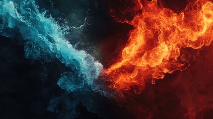 Fototapeta premium Abstract concept of water and fire merging, with blue waves flowing into red flames, symbolizing balance and contrast in nature