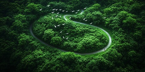 Aerial view of a green forest with a winding road and white birds flying, symbolizing, nature, mountainous, representation, enchanting, perspective of lush forests, winding roads, vegetation, white