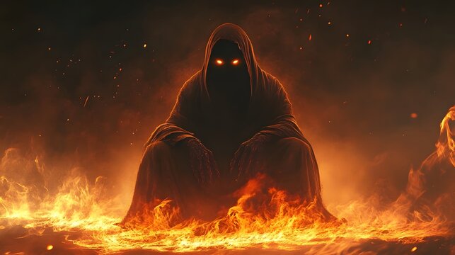 Grim Reaper in Fire with Glowing Eyes and Fantasy Art