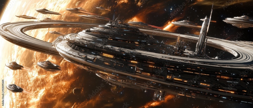 Poster futuristic spaceship ring orbiting a planet in space with stars and nebula