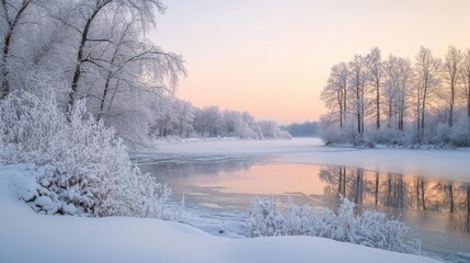 Winter Wonderland Landscape With Frozen River and Snow Covered Trees at Sunset.