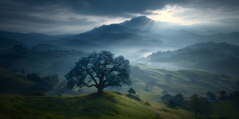 Fototapeta premium solitary tree on the edge of rolling hills, with mist rising from below and mountains in the background, symbolizing solitude, sky is dark yet ethereal, scene, emotional, light and shadow